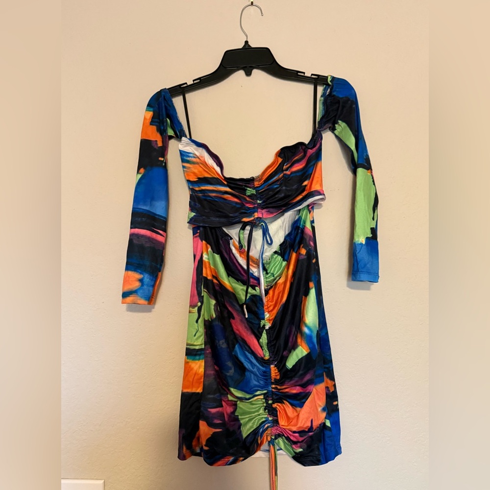 SHEIN Colorblock Abstract Tie Front Cutout Drawstring Ruched Bodycon Dress Large